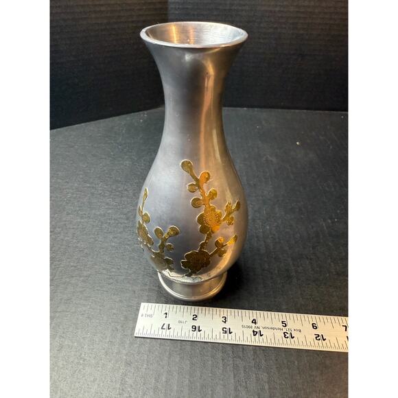 Vtg Metal Pewter w/Brass Floral Overlay Decorative Vase 8.5" Tall Hong Kong - Picture 8 of 8